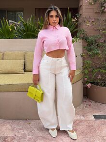 Maria Perezxox Women's Pink And White Striped,Summer,Elegant,Brunch Long Sleeve Shirt,Casual Asymmetrical Button Collar Loose Crop Blouses,Spring/Fall Daily Wear - Baby Pink - View 3