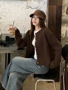 DAZY Cardigan Rajut Wanita Warna Polos Longgar Lengan Panjang Kerah Bulat Pendek Kasual untuk Liburan Musim Semi Musim Gugur Atasan Lucu - Coklat - View 5