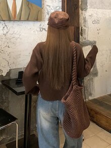 DAZY Cardigan Rajut Wanita Warna Polos Longgar Lengan Panjang Kerah Bulat Pendek Kasual untuk Liburan Musim Semi Musim Gugur Atasan Lucu - Coklat - View 8