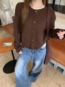 DAZY Cardigan Rajut Wanita Warna Polos Longgar Lengan Panjang Kerah Bulat Pendek Kasual untuk Liburan Musim Semi Musim Gugur Atasan Lucu - Coklat - View 3