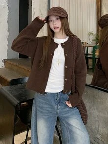 DAZY Cardigan Rajut Wanita Warna Polos Longgar Lengan Panjang Kerah Bulat Pendek Kasual untuk Liburan Musim Semi Musim Gugur Atasan Lucu - Coklat - View 6