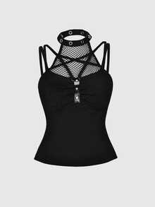 ROMWE Goth Spring/Summer Carnival Party Casual Black  Fashion Punk Patchwork Fishnet Halter Neck Top - Black - View 7