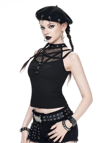 ROMWE Goth Spring/Summer Carnival Party Casual Black  Fashion Punk Patchwork Fishnet Halter Neck Top - Black - View 3