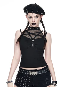 ROMWE Goth Spring/Summer Carnival Party Casual Black  Fashion Punk Patchwork Fishnet Halter Neck Top - Black - View 1