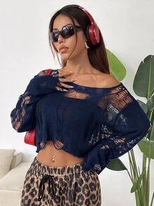 SHEIN EZwear 休閒不對稱破洞女款毛衣 - 藏蓝色 - 查看 3