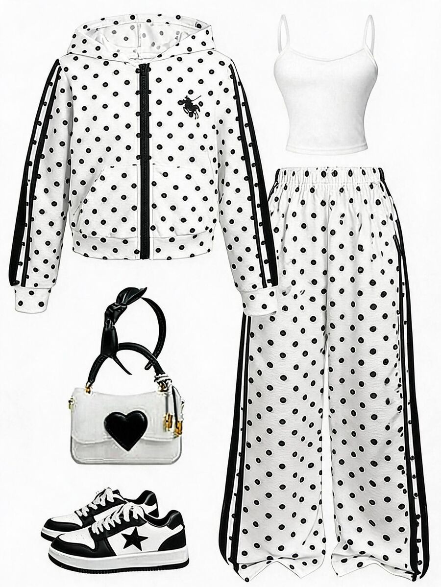 SHEIN Tween Girl Tween Girl Tween Girl Casual Daily Versatile Comfortable Polka Dot Print Hoodie And Pants Set Fall/Winter - Black and White - View 1