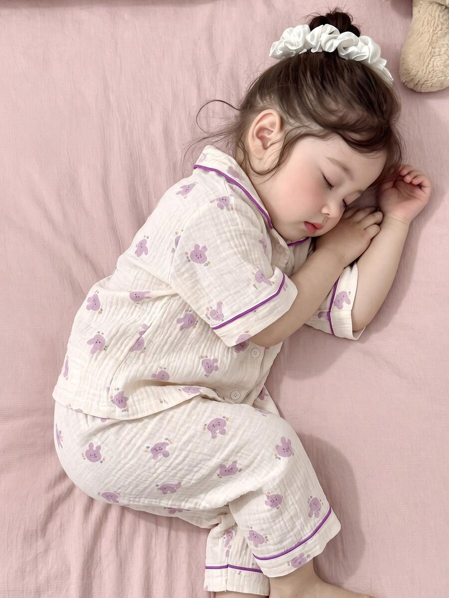 SHEIN 4件套女童纯棉睡衣套装，采用经典领口设计、撞色滚边，以及花朵、小熊、蝴蝶结、草莓、兔子等趣味印花，惊喜盲盒随机发货。