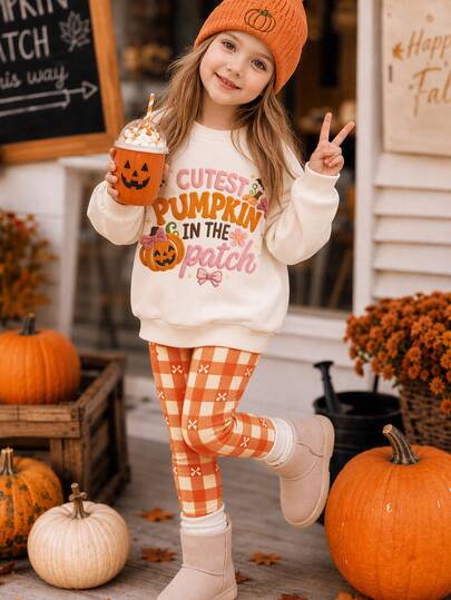 Halloween Cute Bow Colorful Pumpkin Pattern Cutest Pumpkin In The Patch! Pumpkin Season, Fall Vibes! Young Girl Casual Soft Thick Crew Neck Long Sleeve Sweatshirt And Leggings 2-Piece Set