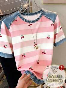 SHEIN Casual & Fashionable, Women's T-Shirt With Denim Effect Patchwork, Striped And Cherry Digital Print, Round Neck - Pink - View 1