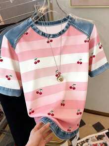SHEIN Casual & Fashionable, Women's T-Shirt With Denim Effect Patchwork, Striped And Cherry Digital Print, Round Neck - Pink - View 3