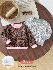 Cozy Pixies 女嬰女童 2件組豹紋套頭運動衫，休閒日常百搭，柔軟舒適 - 彩色 - 查看 4