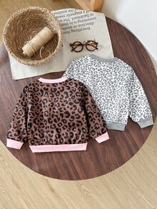 Cozy Pixies 女嬰女童 2件組豹紋套頭運動衫，休閒日常百搭，柔軟舒適 - 彩色 - 查看 5