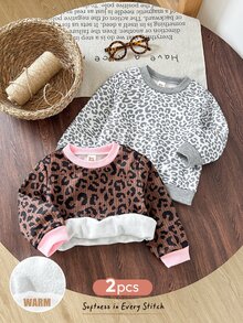 Cozy Pixies 女嬰女童 2件組豹紋套頭運動衫，休閒日常百搭，柔軟舒適 - 彩色 - 查看 1