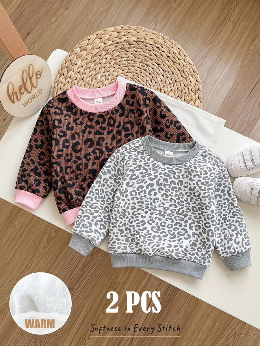 Cozy Pixies Baby Girls Baby Girl 2pcs/Set Leopard Print Pullover Sweatshirt, Casual Daily Versatile Soft Comfortable - Multicolor - View 1