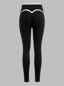 SHEIN Girlism 青少年女孩針織修身對比色緞帶寬腰緊身褲，適合日常穿著、瑜伽、戶外運動 - 黑色 - 查看 5