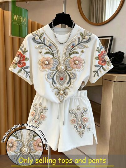 SHEIN 女士花卉刺绣圆领短袖上衣和抽绳腰短裤休闲两件套
