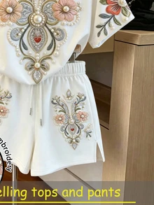 SHEIN 女士花卉刺绣圆领短袖上衣和抽绳腰短裤休闲两件套 - 彩色 - 查看 5