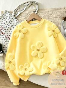 SHEIN Sparklyn Tween Girls Girls' Patchwork White Lace Embroidered Collar And Cuffed Bell Sleeve Hoodie Sweatshirt, Knit, Loose, Floral,Autumn/Winter Outfit,Hoodies - Multicolor - View 3