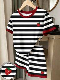 Summer Autumn Casual Fashion Girls Cute Minimalist Faux Embroidery Strawberry Print Short Sleeve T-Shirt American Vintage Black And White 2 Pieces Set