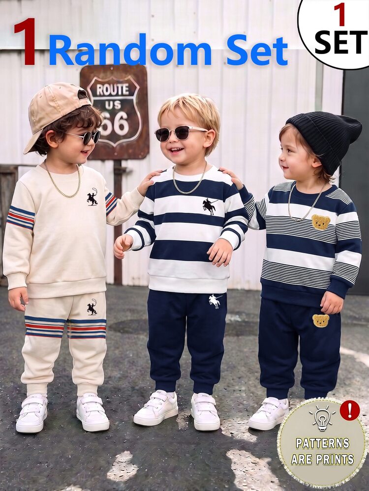 SHEIN Baby Boys Random Striped Colorblock Cartoon Bear Horse Print Crew Neck Long Sleeve Sweatshirt And Jogger Pants 2pcs Set Fall Outfits - Multicolor - View 4