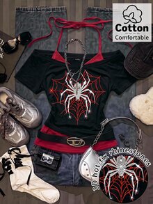 SHEIN EZwear 女款休閒復古拼色二合一水鑽蜘蛛圖案V領露背綁帶短袖T恤，適合夏季穿著 - 黑色 - 查看 1