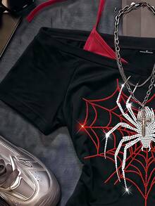 SHEIN EZwear 女款休閒復古拼色二合一水鑽蜘蛛圖案V領露背綁帶短袖T恤，適合夏季穿著 - 黑色 - 查看 5