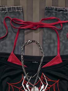 SHEIN EZwear 女款休閒復古拼色二合一水鑽蜘蛛圖案V領露背綁帶短袖T恤，適合夏季穿著 - 黑色 - 查看 3
