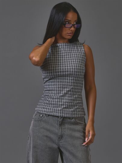 MUSERA Top gris à imprimé à carreaux, col bateau, sans manches, top décontracté pour l'hiver, l'automne, tenue de jour confortable et cool