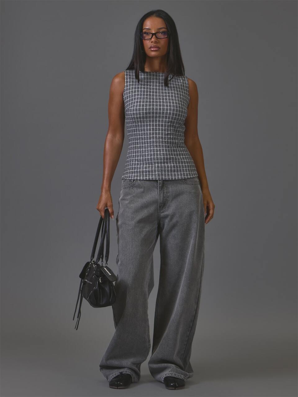 Grey Check Print Boat Neck Sleeveless Top Winter Fall Autumn Casual Top Day Outfit Comfy Outfit Cool