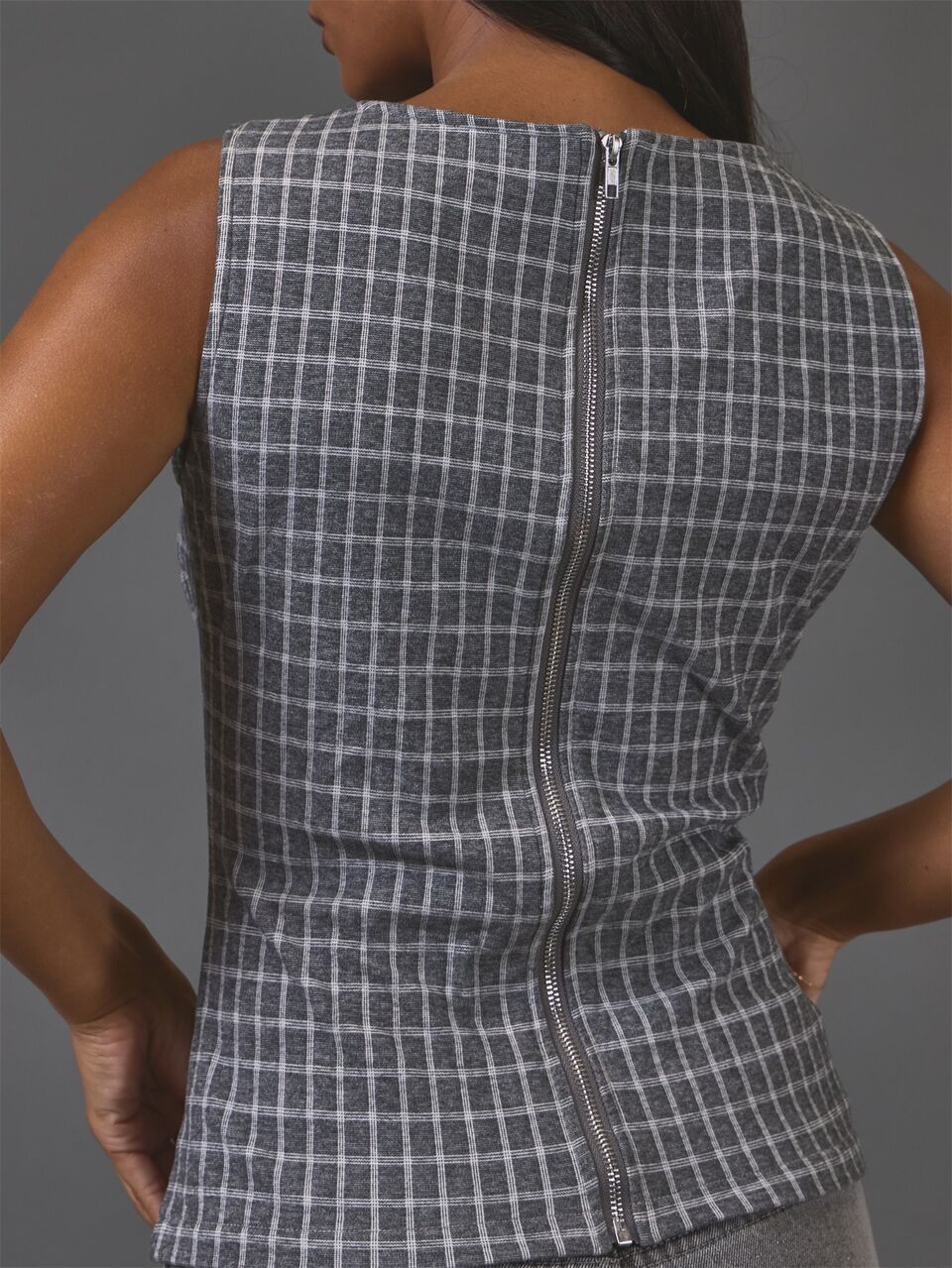 Grey Check Print Boat Neck Sleeveless Top Winter Fall Autumn Casual Top Day Outfit Comfy Outfit Cool