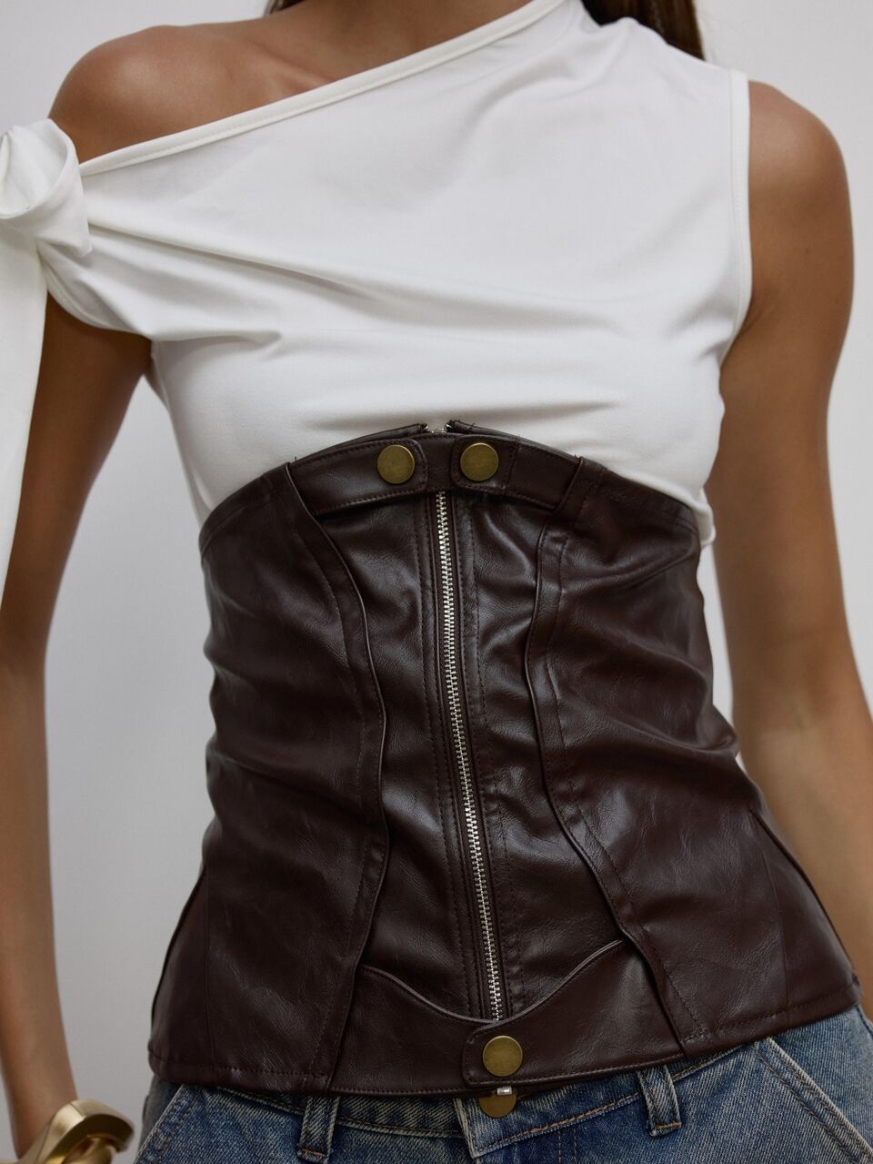 White One Shoulder Tie Strap Top With Dark Brown Faux Leather Zip Front Corset Belt Set