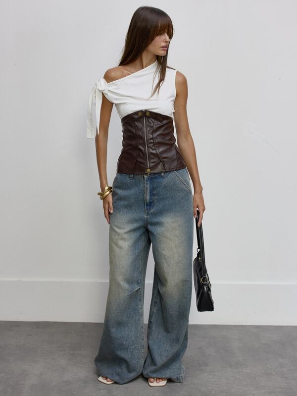 MUSERA One Shoulder Tie Strap Top With Faux Leather Zip Front Corset Belt Set Autumn Cute Daily Girly Sweet Mischief