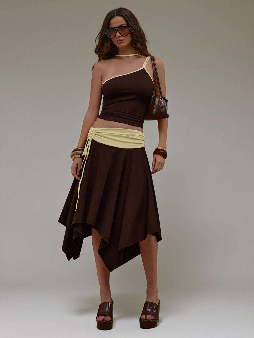 Brown Slinky Contrast One Shoulder Crop Top Summer Autumn Everyday Date Night Holiday Vacation Dazed