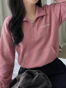 DAZY 女款字母刺繡 Polo 領寬鬆長袖拉鍊休閒街頭風秋冬衛衣連帽衫 - 粉色 - 查看 5