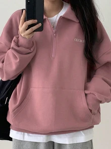 DAZY 女款字母刺繡 Polo 領寬鬆長袖拉鍊休閒街頭風秋冬衛衣連帽衫 - 粉色 - 查看 6