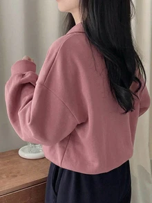 DAZY 女款字母刺繡 Polo 領寬鬆長袖拉鍊休閒街頭風秋冬衛衣連帽衫 - 粉色 - 查看 4