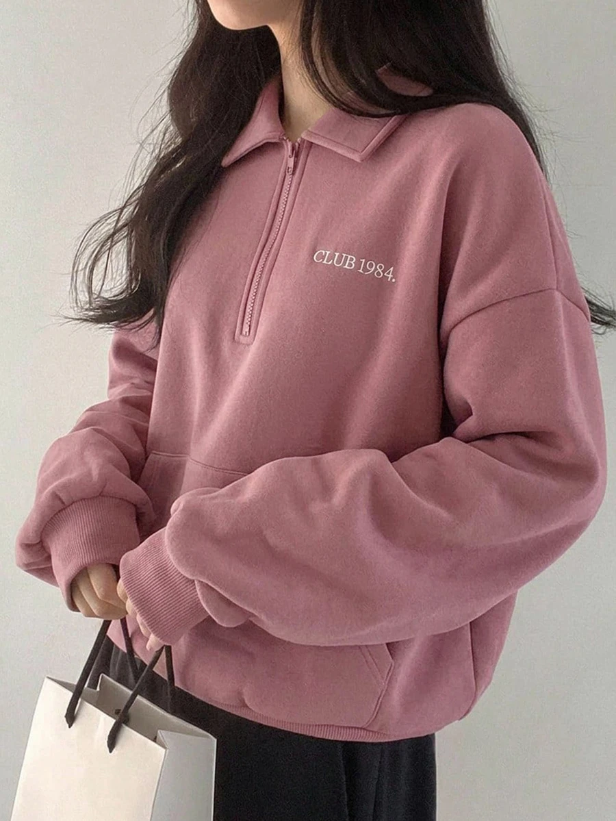 DAZY 女款字母刺繡 Polo 領寬鬆長袖拉鍊休閒街頭風秋冬衛衣連帽衫 - 粉色 - 查看 1
