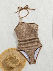Bonvoyette 复古波西米亚风摩卡棕色女士连体泳衣，露背设计，饰有金属点缀，无后背，软杯，枫叶蕾丝纹理，半透明宽松版型，哑光面料，性感夏日度假、海滩、野餐、派对、咖啡馆礼物 - 棕色 - 查看 6