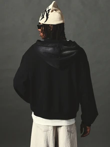SUMWON Oversized Full-Zip Hoodie With Boxy Crop Silhouette Side Pockets Long Sleeve Casual Streetwear Autumn Winter Essential - Black - View 5