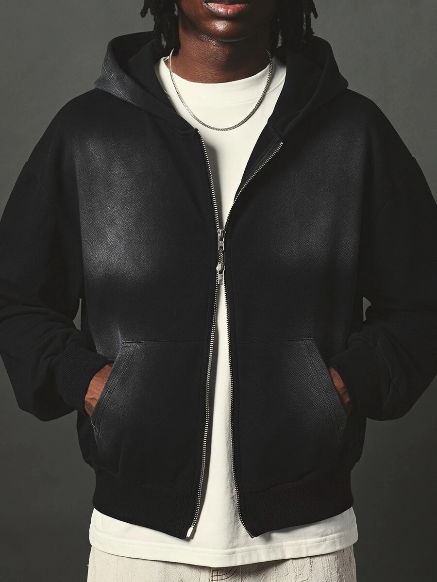 SUMWON Oversized Full-Zip Hoodie With Boxy Crop Silhouette Side Pockets Long Sleeve Casual Streetwear Autumn Winter Essential - Black - View 1