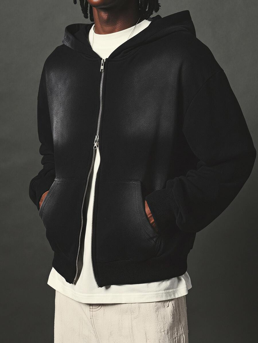 SUMWON Oversized Full-Zip Hoodie With Boxy Crop Silhouette Side Pockets Long Sleeve Casual Streetwear Autumn Winter Essential - Black - View 1