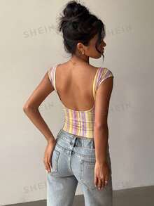 Aloruh Women's Short Sleeve Sexy Y2K Elegant Vintage Preppy Striped Print Backless T-Shirt - Elegant Sexy - Yellow - View 8