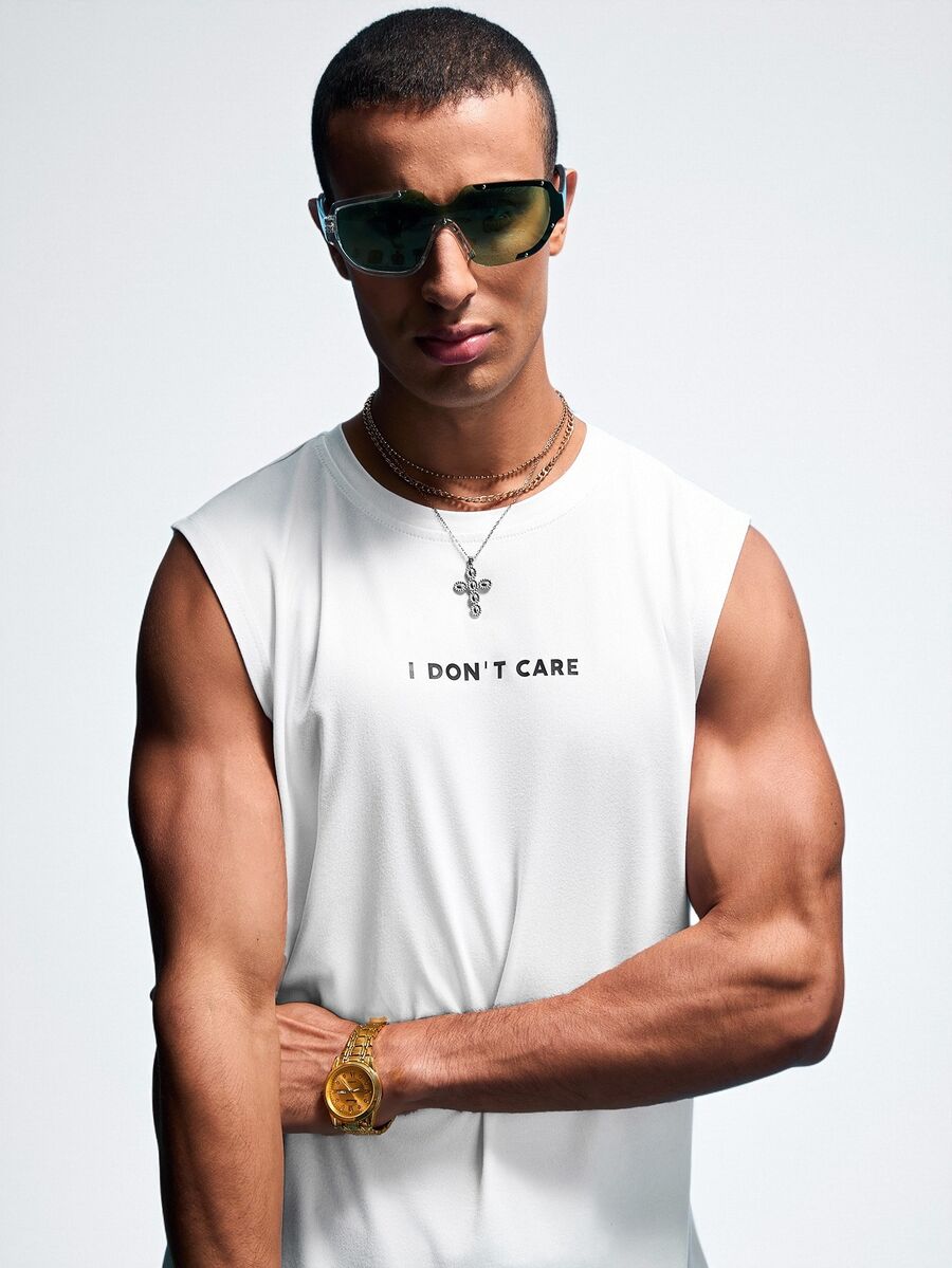 NobleFwd Men's Letter Print Round Neck Casual Loose Tank Top, Summer - White - View 1