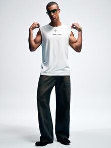 NobleFwd Men's Letter Print Round Neck Casual Loose Tank Top, Summer - White - View 3