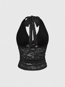 ROMWE Spring/Summer Casual Black Gothic Cross Decor Lace Cami Top For Women - Black - View 7