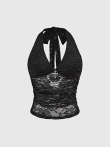 ROMWE Spring/Summer Casual Black Gothic Cross Decor Lace Cami Top For Women - Black - View 6