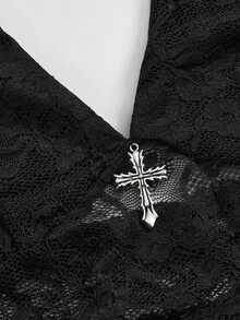 ROMWE Spring/Summer Casual Black Gothic Cross Decor Lace Cami Top For Women - Black - View 8