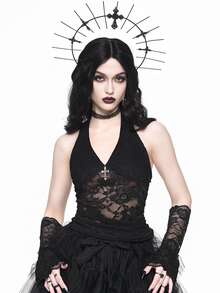ROMWE Spring/Summer Casual Black Gothic Cross Decor Lace Cami Top For Women - Black - View 1