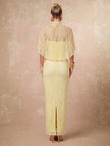 Lumalex Light Yellow Casual Women's Lace Pleated Elegant Dress - Light Yellow - View 8