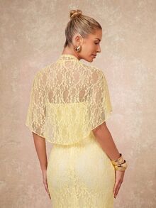 Lumalex Light Yellow Casual Women's Lace Pleated Elegant Dress - Light Yellow - View 6